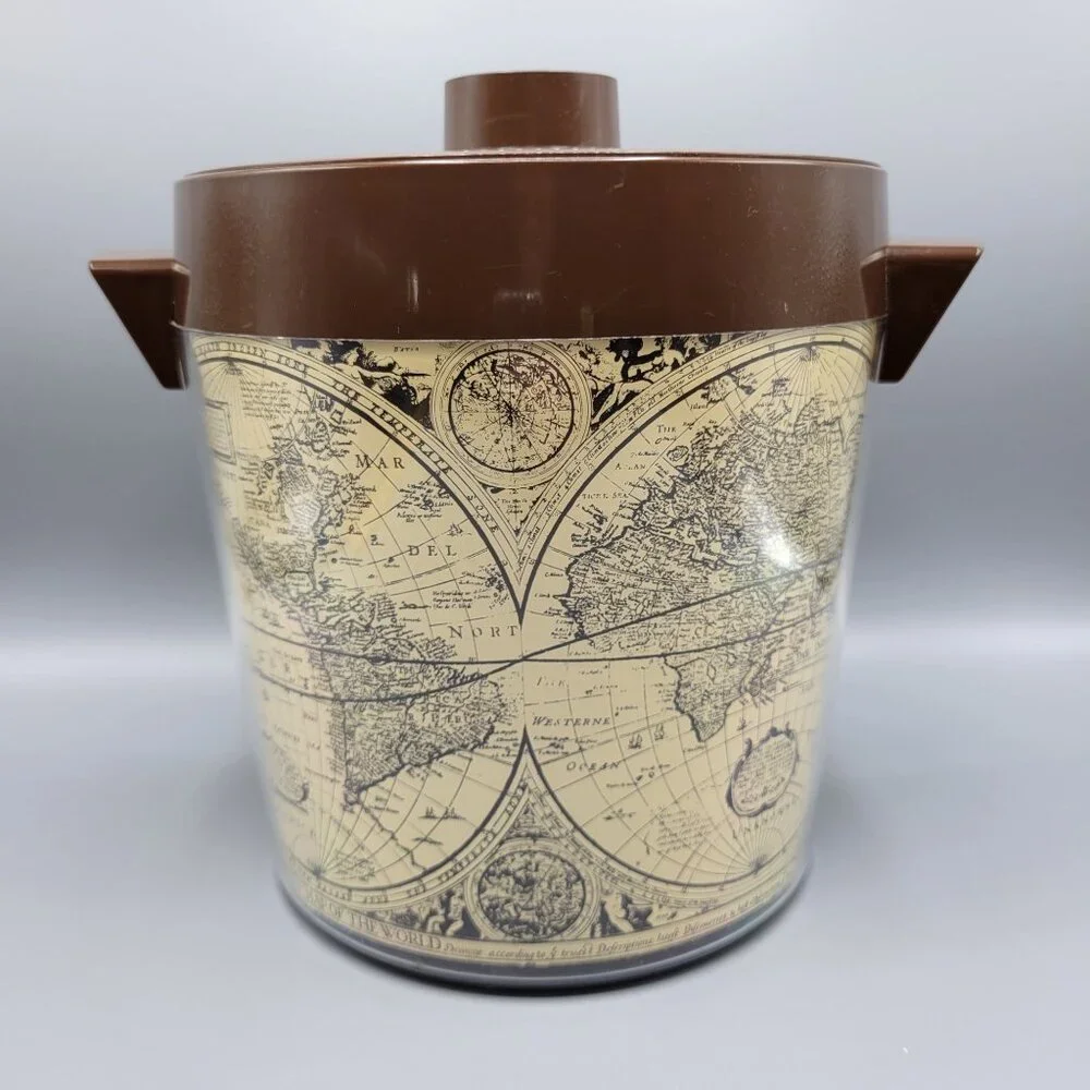 Vintage Thermo-Serv West Bend USA Brown Lid Ice Bucket With World Map Design
